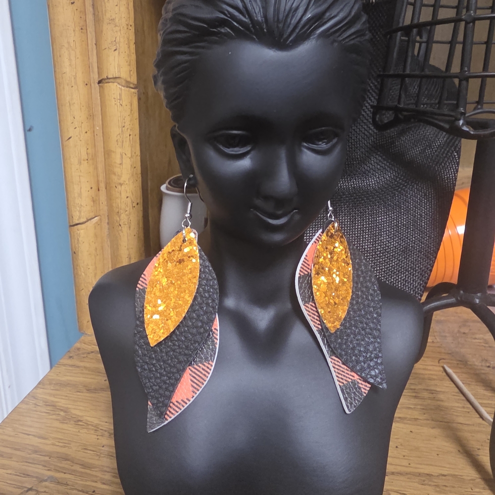 Sparkling Orange and Black Leaf Earrings